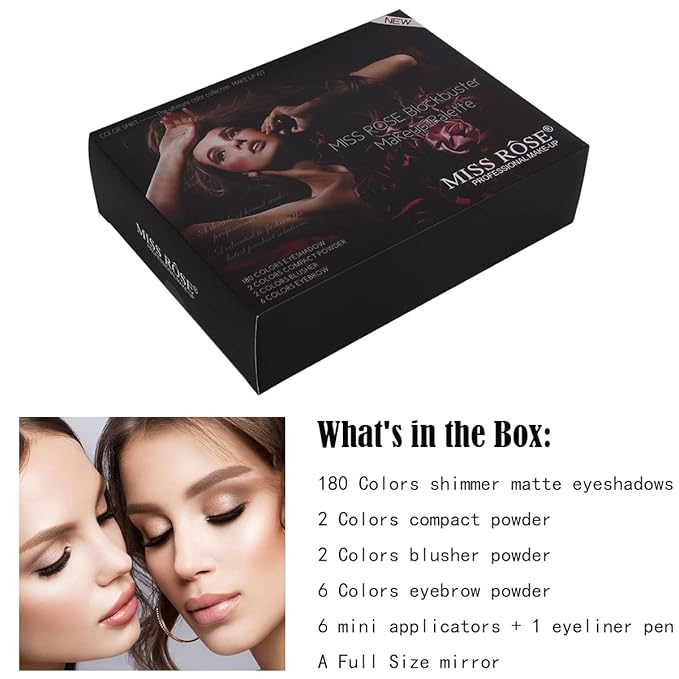 MISS ROSE 190 Colors Cosmetic Make up Piano Box Set,Combination with Eyeshadow /Facial Blusher /Eyebrow Powder /Eyeliner Pencil /Mirror,All-in-1 Makeup Gift Set (Color B)