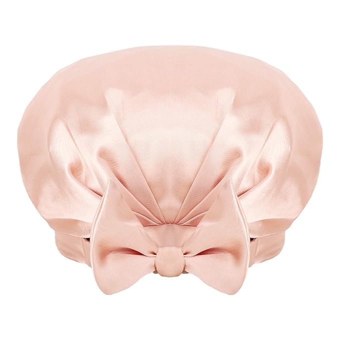 Auban Extra Large Shower Cap, Bowknot Double Layer Reusable Bath Hair Caps With Silky Satin for Women Beauty Bathing, Hair Spa, Home Hotel Travel Use (Beige)