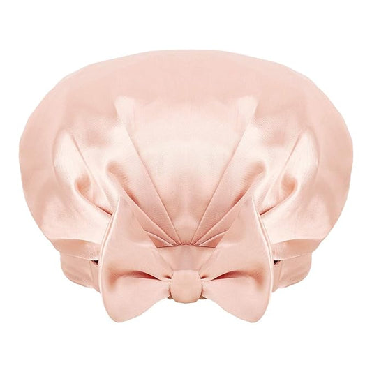 Auban Extra Large Shower Cap, Bowknot Double Layer Reusable Bath Hair Caps With Silky Satin for Women Beauty Bathing, Hair Spa, Home Hotel Travel Use (Beige)