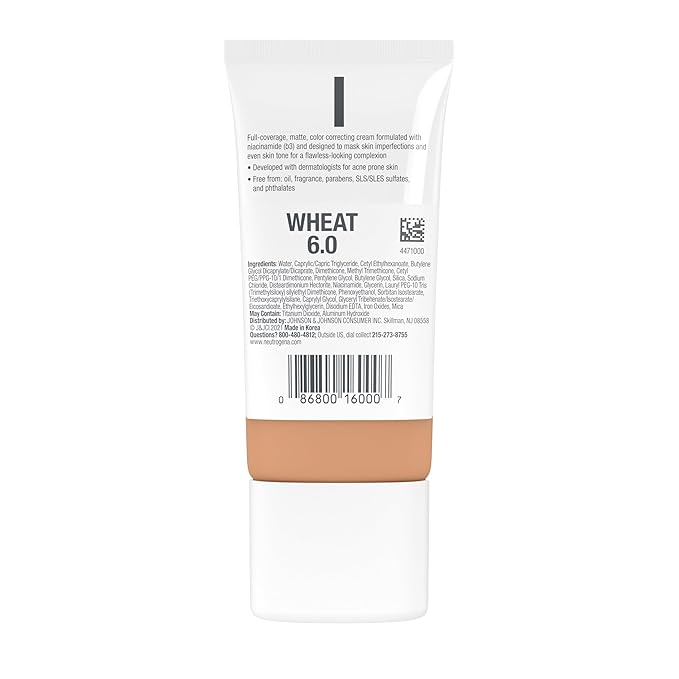 Neutrogena Clear Coverage Flawless Matte CC Cream, Full-Coverage Color Correcting Cream Face Makeup with Niacinamide (b3), Hypoallergenic, Oil Free & Fragrance Free, Wheat, 1 oz