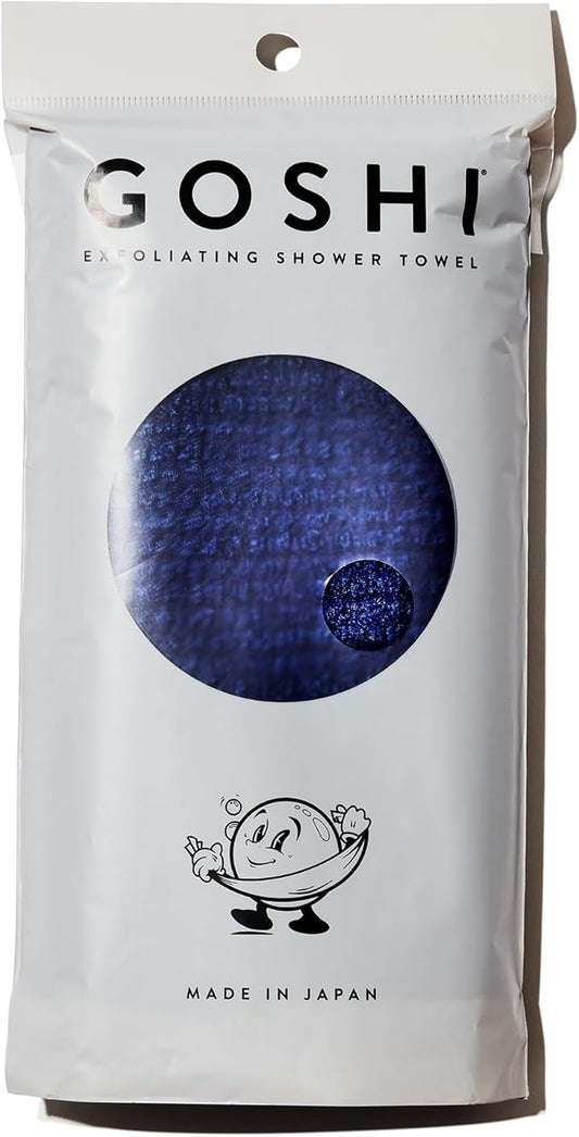 GOSHI Exfoliating Shower Towel - Rip-Resistant Exfoliating Washcloth for All Skin Types - Indigo Blue - Made in Japan
