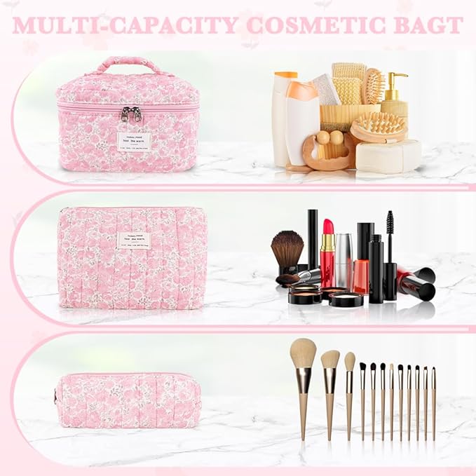 3Pcs Cotton Quilted Makeup Bag Set,Large Floral Cosmetic Bag，Aesthetic Toiletry Travel Makeup Bag Set and Cute Flower Bag for Women Girls (Pink Flower)