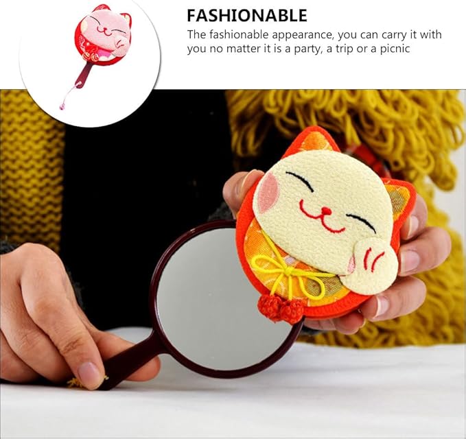 HEALLILY Pocket Hand Mirror - Maneki Neko Japanese Lucky Cat Design - Lightweight & Portable Travel Makeup Mirror - Double Sided - Random Color
