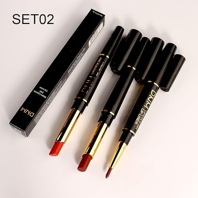 BINGBRUSH 2 IN 1 Lip Liner & Lipstick Makeup Set, Dark Red Matte Metallic Lipliner Set for Black Mature Women Waterproof Long Lasting Gift Set (3Pcs Set02-Matte:01#06#09#, 3Pcs)