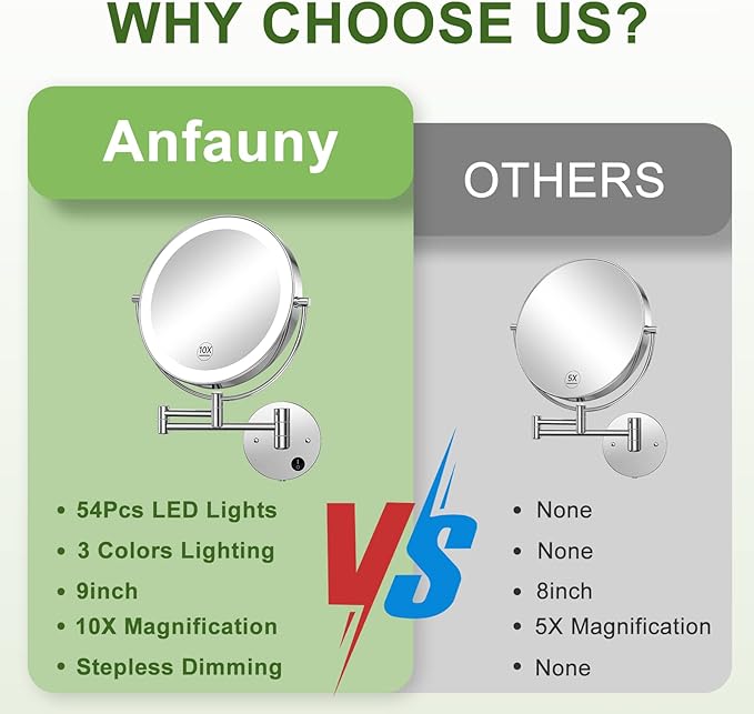 Anfauny 9 Inch Wall Mounted Lighted Makeup Mirror, Double Sided 1X/10X Magnifying LED Vanity Mirror with 3 Color Lights & Stepless Dimming, 360°Swivel Extendable Bathroom Cosmetic Mirror-Chrome
