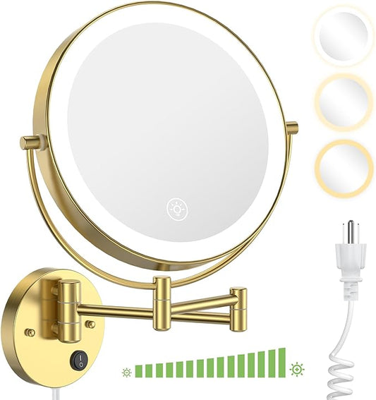 Anfauny 9 Inch Wall Mounted Lighted Makeup Mirror, Double Sided 1X/10X Magnifying LED Vanity Mirror with 3 Color Lights & Stepless Dimming, 360°Swivel Extendable Bathroom Cosmetic Mirror-Gold