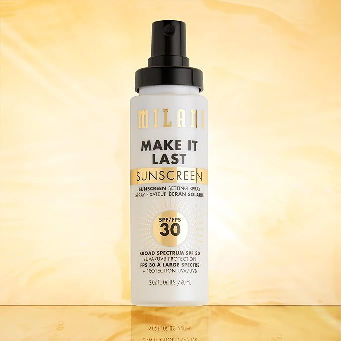 Milani Sunscreen Setting Spray + Primer, Make It Last Sunscreen for Face- SPF 30 UVA & UVB Protection Antioxidant Rich Formula for Broad Spectrum Protection, Prime + Set + Protect, 2.02Fl. Oz