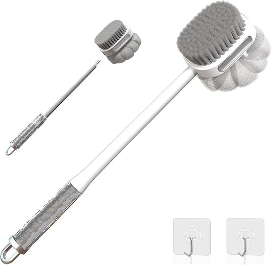 2-in-1 Shower Back Brush – Dual-Sided Scrubber with Soft Bristles & Loofah Sponge, Detachable Handle for Daily Bathing, Gentle and Travel-Friendly