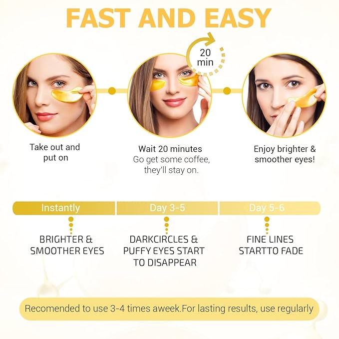 24K Gold Eye Masks for Dark Circles and Puffiness (6 Pairs) with Collagen, Aloe Vera & Hyaluronic Acid-Anti-Aging Under Eye Patches for Dark Circles and Puffiness-Reduce Wrinkles