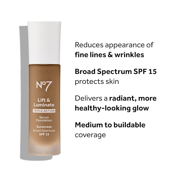 No7 Lift & Luminate Triple Action Serum Foundation - Liquid Makeup with SPF 15 for a Dewy, Glowy Base - Radiant Formula for Mature Skin - Cool Ivory (1 Fl Oz)