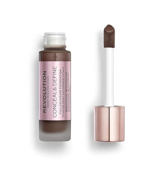 Makeup Revolution Conceal and Define Foundation, Full Coverage & Matte Finish, F15 for Dark Skin Tones, Vegan & Cruelty-Free, 0.7 Fl Oz
