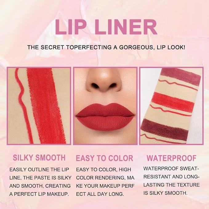 BINGBRUSH 2 IN 1 Lip Liner & Lipstick Makeup Set, Dark Red Matte Metallic Lipliner Set for Black Mature Women Waterproof Long Lasting Gift Set (3Pcs Set05-Matte:13#14#15#, 3Pcs)