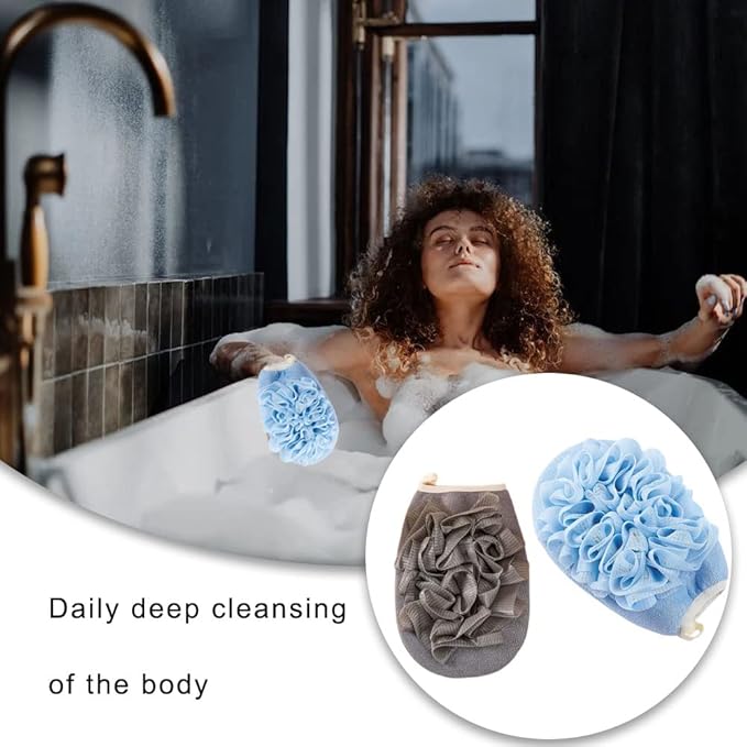 2 Pcs Bath Shower Pouf Sponge Loofah Sponge Shower Loofah 2 in 1 Exfoliating Mesh Pouf Sponge Loofah Bath Glove with Elastic Hand Strap for Women Men Kid Bathroom