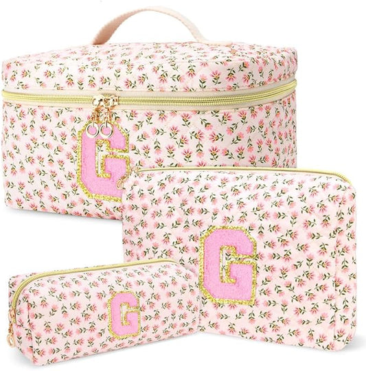 3 PCS Travel Makeup Bag Set, A-Z Initials Cotton Make up Bag Floral Quilted Cosmetic Bag for Girls and Women, Personalized Cute Toiletry Bag Travel Accessories Brushes Bag Flower - G