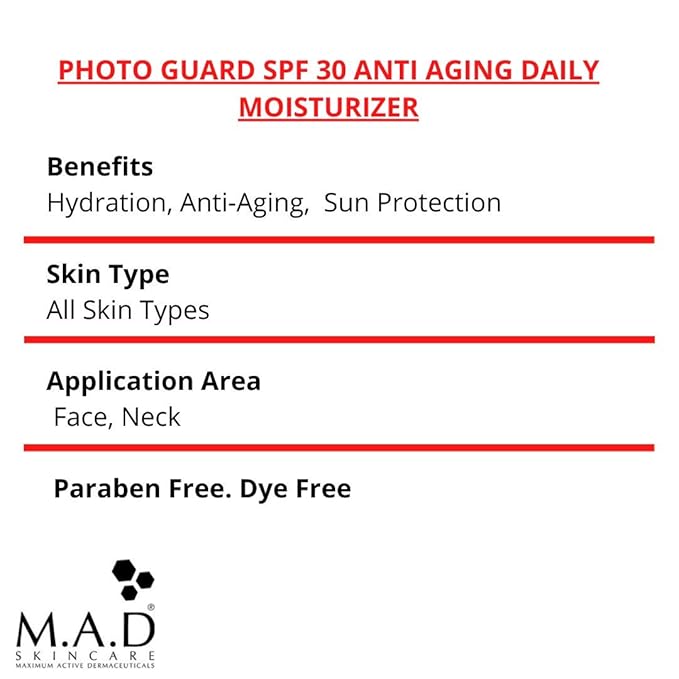 M.A.D SKINCARE MAXIMUM ACTIVE DERMACEUTICALS SOLAR PROTECTION: Photo Guard SPF 30 Anti-Aging Daily Moisturizer - 50g