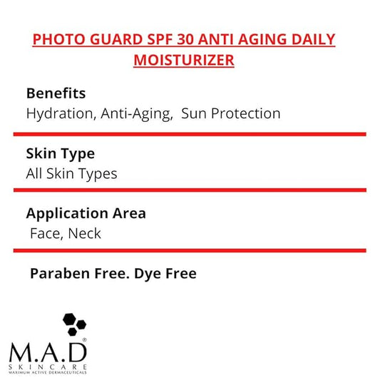 M.A.D SKINCARE MAXIMUM ACTIVE DERMACEUTICALS SOLAR PROTECTION: Photo Guard SPF 30 Anti-Aging Daily Moisturizer - 50g
