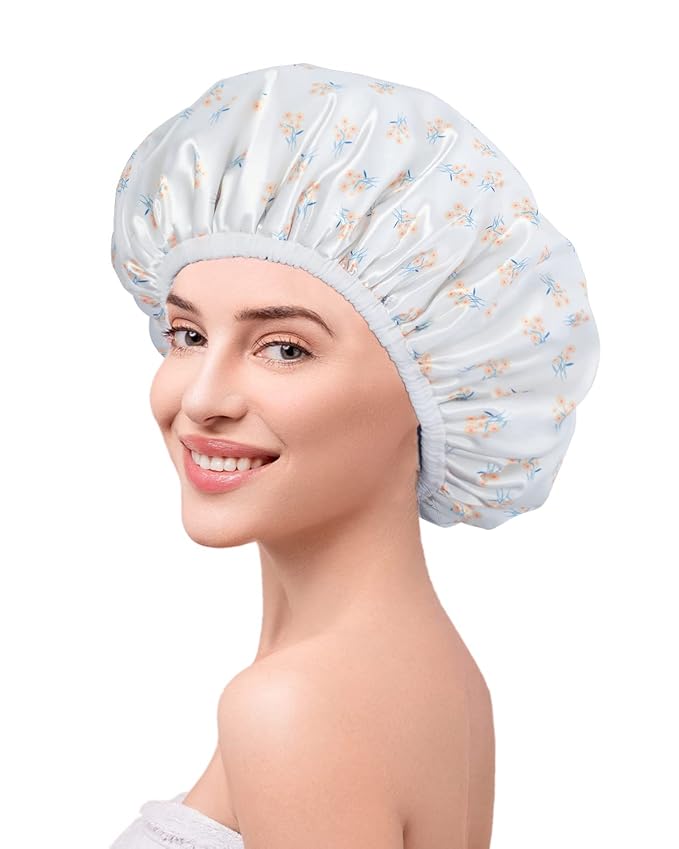 Shower Caps, Triple Layer Large Shower Cap for Women, Reusable Shower Caps for Long Thick Hair (Yellow floral)