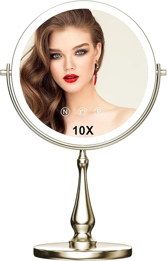 9 "Large Light Makeup Mirror, 1x / 10x True HD Magnifying Mirror, 3-Color Light dimmable, 2 Rechargeable Makeup Mirrors 360° Rotation, Standing Desk Makeup Mirror, Brush Nickel