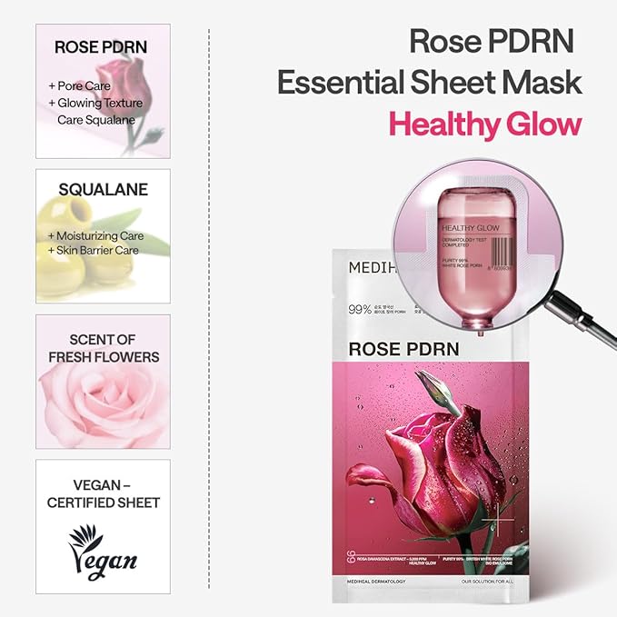Mediheal Rose PDRN Essential Sheet Mask 4 pcs. 99% Pure White Rose PDRN & Hyaluronic Acid for hydrating, firming, and enhancing moisture barrier, skin firmness, and glow. Vegan formula.