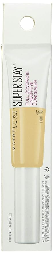 Maybelline New York Super Stay Full Coverage, Brightening, Long Lasting, Under Eye Concealer Liquid Makeup for up to 24H Wear, with Paddle Applicator, 15 Light, 0.23 Fl Oz