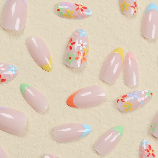 24Pcs Press on Nails Short French Fake Nails Acrylic Square Nude Pink False Nails with Flower Designs Full Cover Stick on Nails Glue on Nails (french flower color 2)