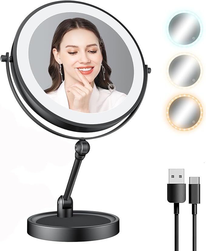Makeup Mirror with Lights[Brightness Enhanced Version], Real 2000mah Rechargeable Double Sided 10x Magnifying Mirror with 3 Colors Table Vanity Mirror with Adjustable Height and Stand,Black