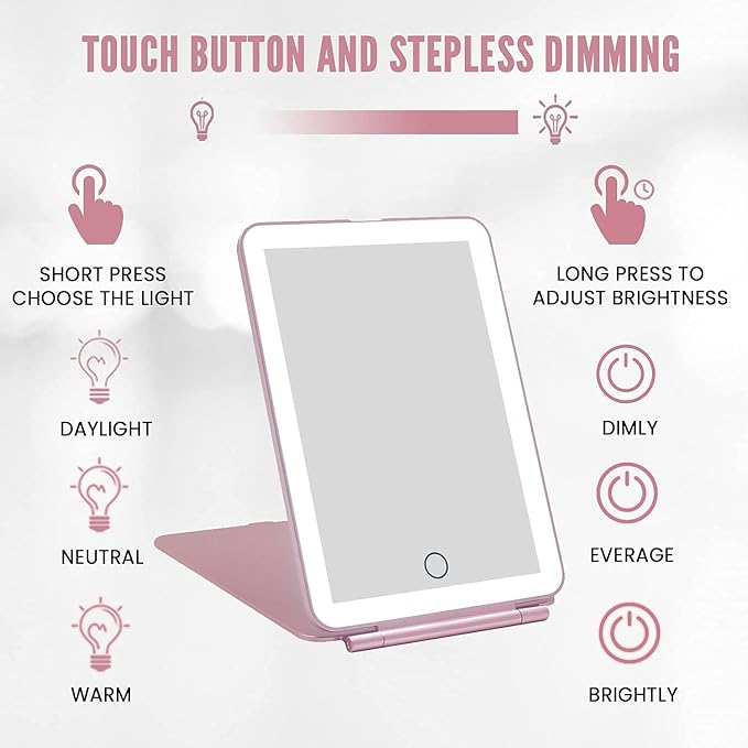 Makeup Mirror with LED Lights – USB Rechargeable Led Lighted Vanity Mirror | Travel Mirror with 3 Color Lights | Touch Screen Sensor Portable and Magnifying Mirror