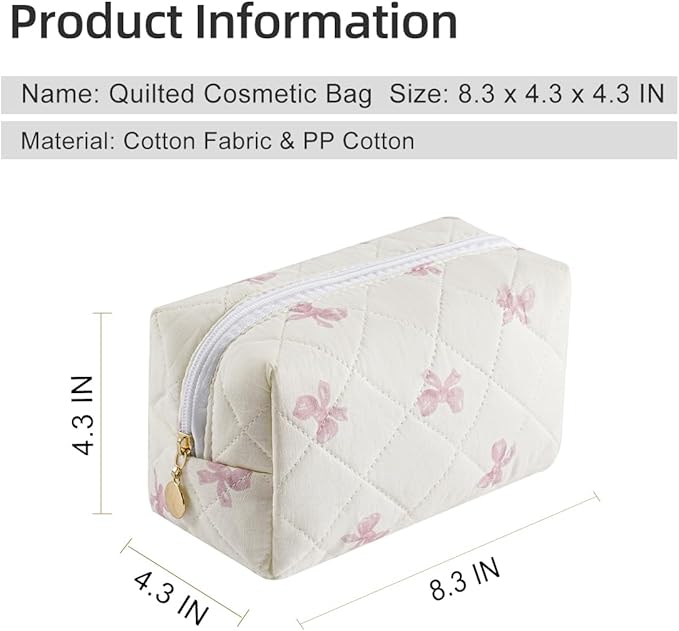 Gleyemor Small Quilted Makeup Bag for Women, Cute Floral Bow Cosmetic Bag, Emergency Bag Travel Toiletry Cotton Pouch Gifts for Girls Her Mom Friend Sister Bridesmaid (Small Pink Bowknot)