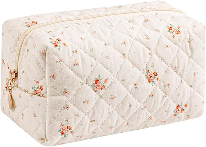 Gleyemor Small Quilted Makeup Bag for Women, Cute Floral Bow Cosmetic Bag, Emergency Bag Travel Toiletry Cotton Pouch Gifts for Girls Her Mom Friend Sister Bridesmaid (White Floral)