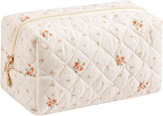 Gleyemor Small Quilted Makeup Bag for Women, Cute Floral Bow Cosmetic Bag, Emergency Bag Travel Toiletry Cotton Pouch Gifts for Girls Her Mom Friend Sister Bridesmaid (White Floral)