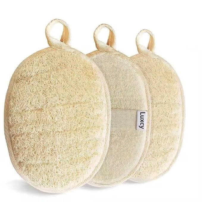 Natural Loofah Exfoliating Body Scrubber, Dual-Sided Shower Loofah Sponge, Bath Shower Loofah Spong for Men and Women, Face and Body Bath Scrubber- 3 Count (1 Pack)