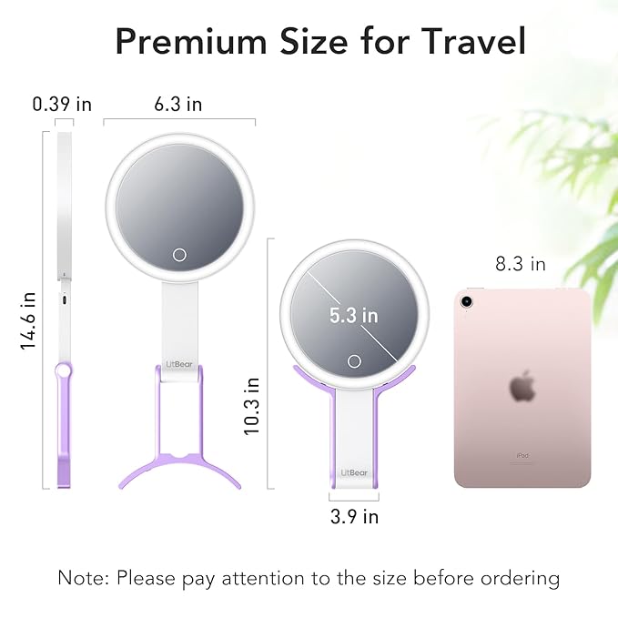 LitBear Travel Makeup Mirror with Light, Rechargeable Double-Sided 10X/1X Magnifying Mirror, Portable Lighted Beauty Mirror, 3 Color Lighting, Dimmable Touch Screen, Tabletop Handhold Hanging (Purple)