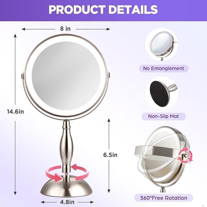 20x Magnifying Mirror with Light, Lighted Makeup Mirror with 3 Color Modes and Adjustable Brightness, Side Charging Port & SideTouch Sensor, 360° Rotation Double Sided Standing Mirror-Brushed Nickel
