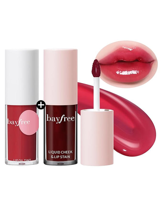 Tinted Lip Oil & Lip Stain Set, Korean Makeup, Smudge-Proof,Long-Wearing, 2-in-1 Cheek and Lip Tint with Moisturizing, High-Shine, Lightweight & Non-Sticky for Dry Lips, Cruelty-Free & Vegan