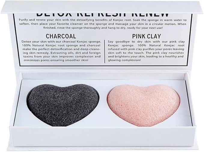 Balla Sleep + Spa Self Love Heart Konjac Root Facial Sponges for Gentle Face Cleansing and Exfoiliation, Charcoal and Pink Clay