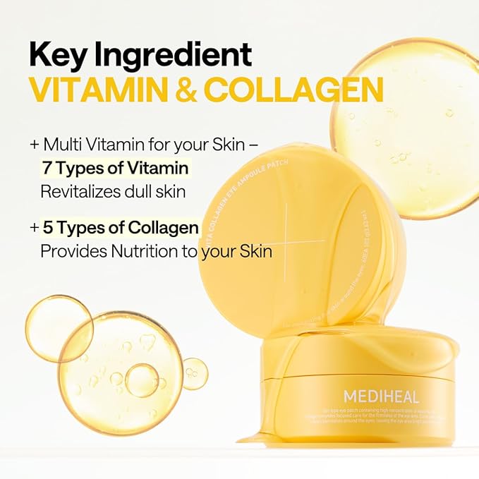 Mediheal Vita Collagen Under Eye Patches for - Korean Hydrogel Eye Pads (60 patches) with 7 Vitamin & 5 Micro Collagen. Moisturizng & Non Irritating Eye Gel Mask. Sealing Cap Included.