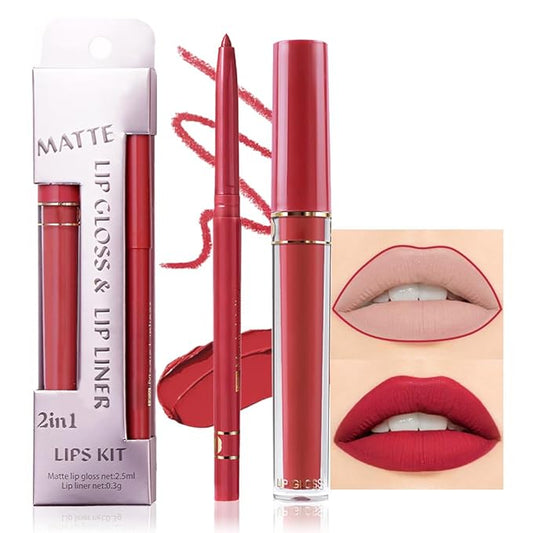 evpct 2Pcs Ruby Red Matte Lip Liner and Lipstick Lip Gloss Pencils Makeup Set Kit for Women, Lip Stains Long Lasting Waterproof 24