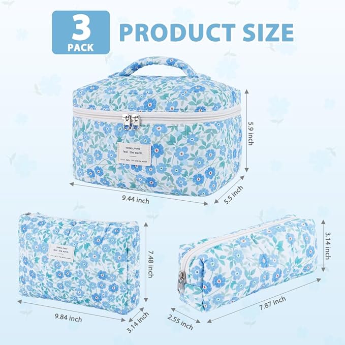 3Pcs Cotton Quilted Makeup Bag Set,Large Floral Cosmetic Bag，Aesthetic Toiletry Travel Makeup Bag Set and Cute Flower Bag for Women Girls (Blue Flower)
