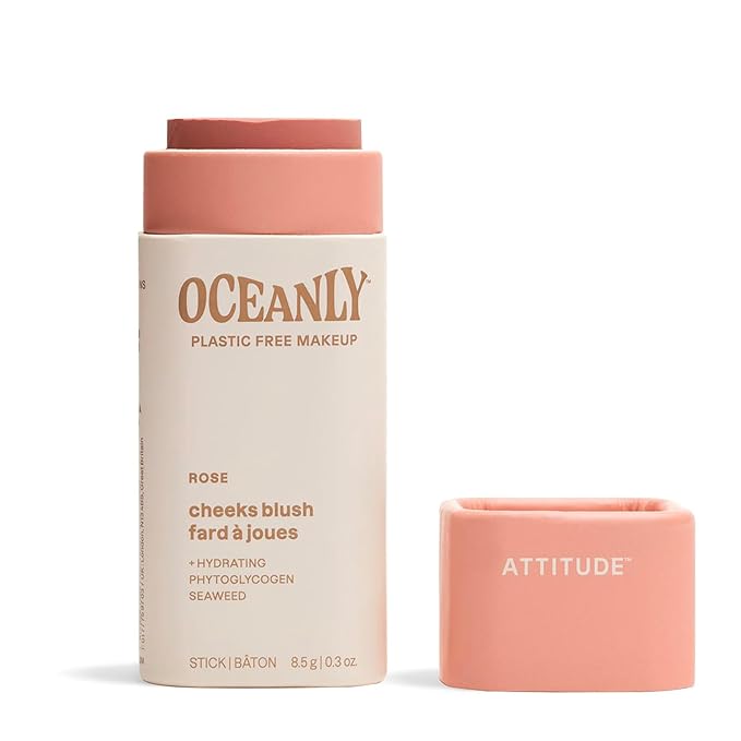 ATTITUDE Oceanly Plastic-Free Lightweight Blush Stick, Titanium Dioxide-Free, EWG Verified, Vegan & Cruelty-free Makeup, Rose, 0.3 Ounces
