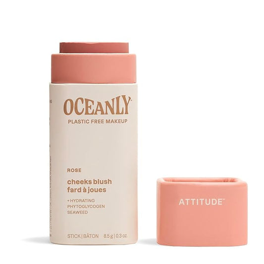 ATTITUDE Oceanly Plastic-Free Lightweight Blush Stick, Titanium Dioxide-Free, EWG Verified, Vegan & Cruelty-free Makeup, Rose, 0.3 Ounces