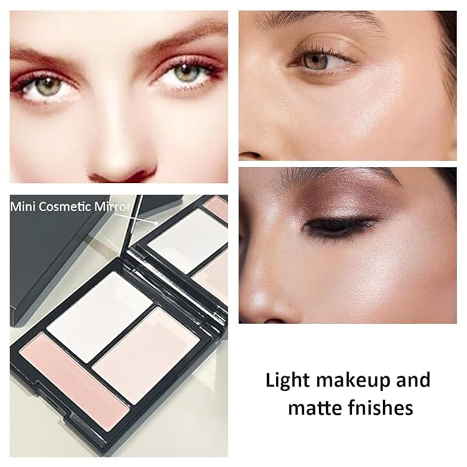Matte Shimmer Highlight Bronzer Powder Palette with Mirror for Face Cheek Contour Brightening,Buildable Coverage Natural Makeup,Ultra Sculpt Nose Shadow (Matte white brighten brige with mirror)