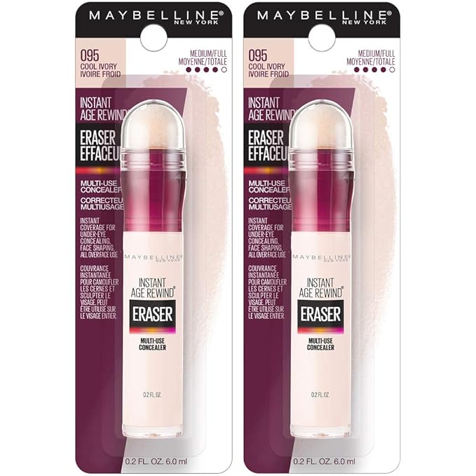 Maybelline Instant Age Rewind Eraser Dark Circles Treatment Multi-Use Concealer, Cool Ivory, 0.2 Fl Oz (Pack of 2) (Packaging May Vary)