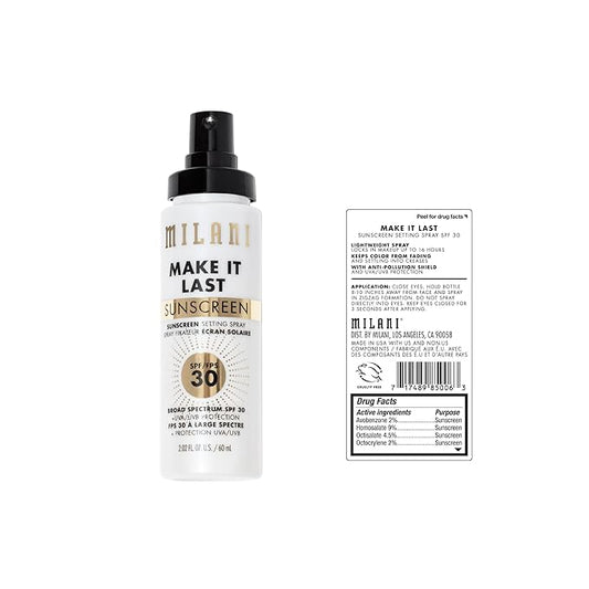 Milani Sunscreen Setting Spray + Primer, Make It Last Sunscreen for Face- SPF 30 UVA & UVB Protection Antioxidant Rich Formula for Broad Spectrum Protection, Prime + Set + Protect, 2.02Fl. Oz