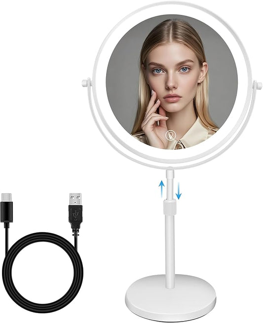 8.7" Large Lighted Makeup Mirror, 1X/10X Magnifying Mirror with 3 Color Dimmable Lights, Double Sided Vanity Mirror, Height Adjustable, 360° Swivel Cosmetic Mirror for Women Girl(White)