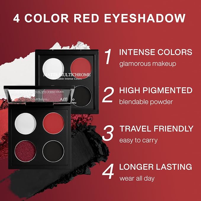 Afflano Gothic Red Makeup Eyeshadow Palette, Matte White Black Red Eye shadow, Ultra-Pigmented Chrome Red Glitter Eyeshadow, Intense Metallic Smokey Black Red Eyeshadow Palette Halloween Goth Makeup