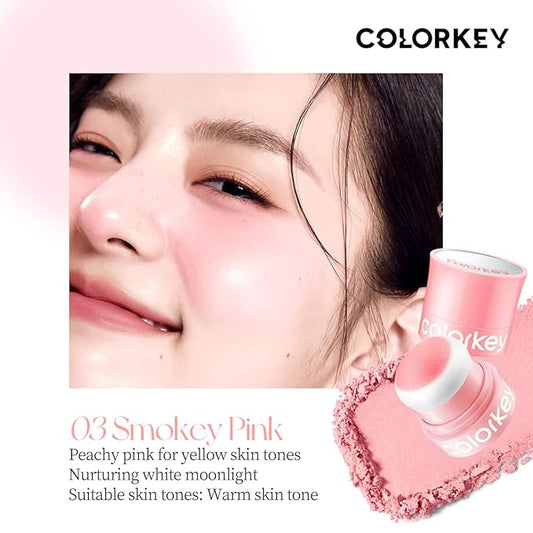COLORKEY Shimmering Pudding Powder Blush, Lightweight, non-drying and smooth, Naturally Luminous Semi-Matte Finish, Self-contained brush, portable makeup (03 Smokey Pink, 3.2g)