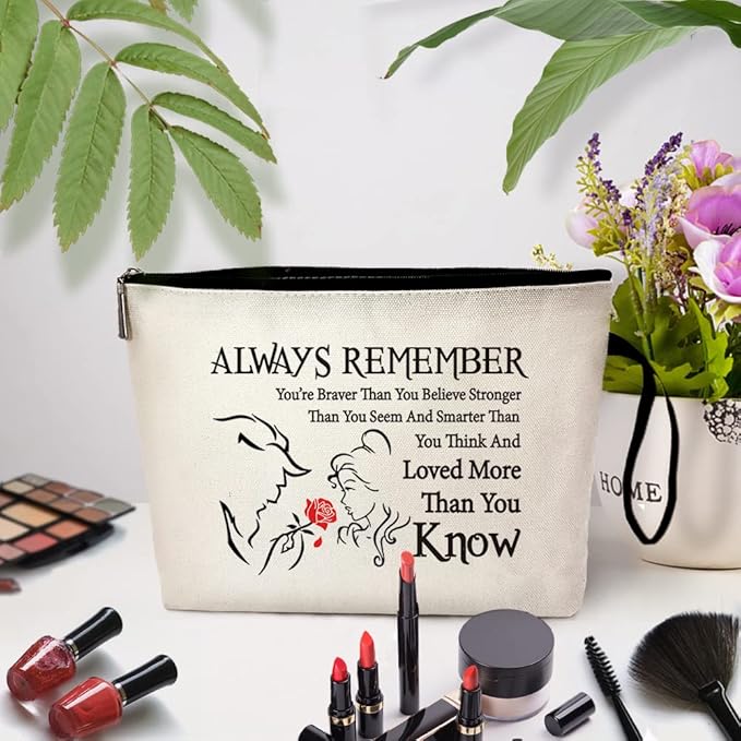 Beauty Beast Story Funny Cosmetic Bag, for Travel Toiletry Zipper Storage Pouch Makeup Bag, You Are Braver Stronger Than You Think, Beauty Beast Inspired Gifts, Beauty Beast Movie Fans Gifts