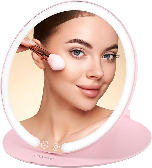 Pink Vanity Mirror with Lights and Removable 10X mirror,extendable travel makeup mirror with angle & height Adjusting Stand,Rechargeable collapsible mirror with 3 Light Colors & Stepless Dimming