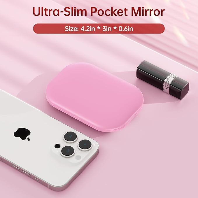 Benbilry Lighted Compact Travel Mirror with 3 Color Lights, 1X/3X Magnifying Ultra Slim Rechargeable Pocket Mirror for Purse, 2-Sided, Handheld, Folding, Portable, Pink