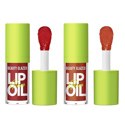 Beauty Glazed Big Brush Head Lip Oil, Ultra-Hydrating & Nourishing, Smooth Glossy Finish Lip Glow Oil, Shiny and Vegan Tinted Lip Gloss, Non-Sticky Formula (2, 105# PASSION & 106# FUSE)
